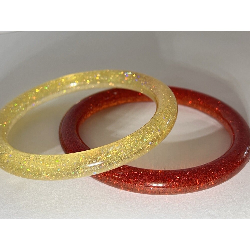 Vintage Lucite Glitter Bangle Bracelets Set Red & Yellow Sparkle Resin Stackable